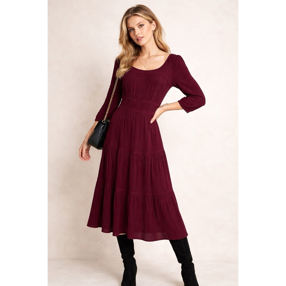 eShakti Maxi Dress Women 37 Bust Purple Tiered Boho Peasant Plum Modest‎ Travel